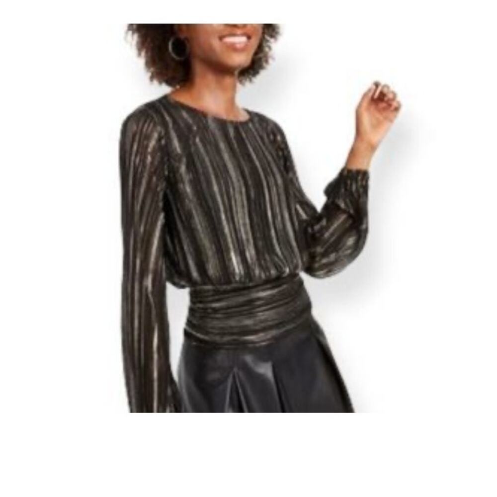 Ten Sixty Shimmering metallic long sleeve top vertical stripes smocked hem